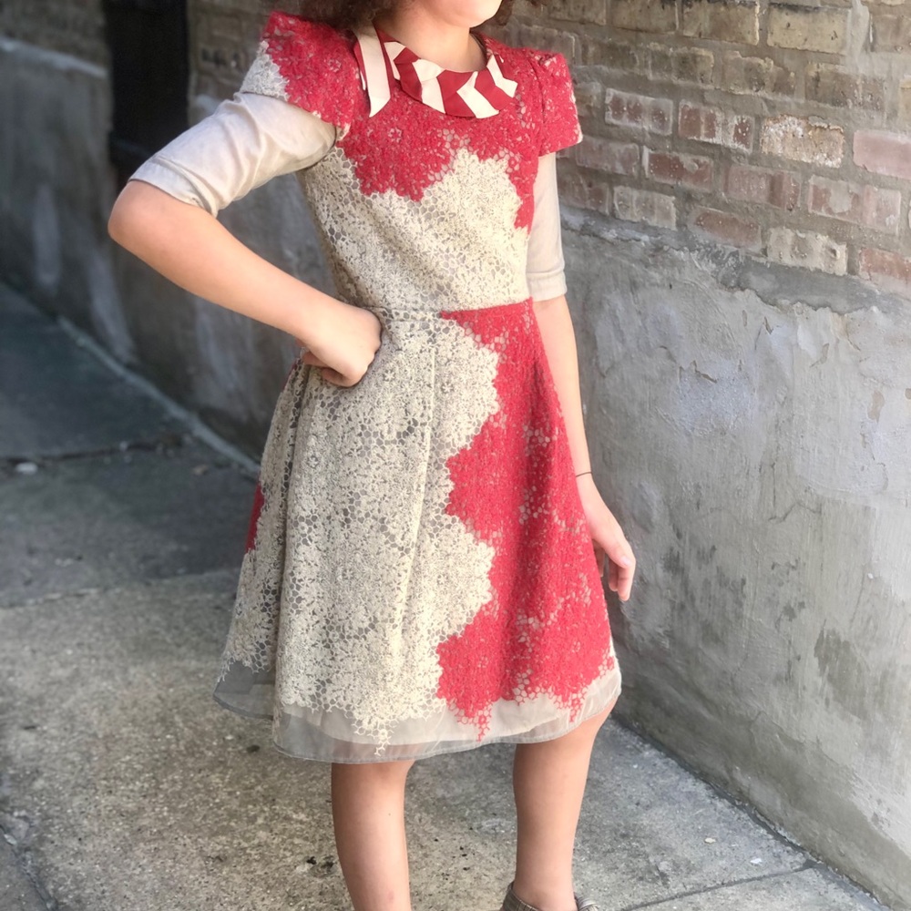 Pinco Pallino Red & Beige Lace Dress with Striped Ribbon Collar - Picture 8 of 16